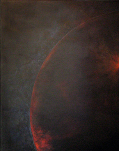 This image is of a large oil by Smokie Kittner. In it the edge of a dark sphere punctuated by red elements hangs in a void