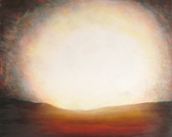 Titled Day One this 58" X 72" oil on canvas shows where landscape and sky are used to created vignette of light framed by dark